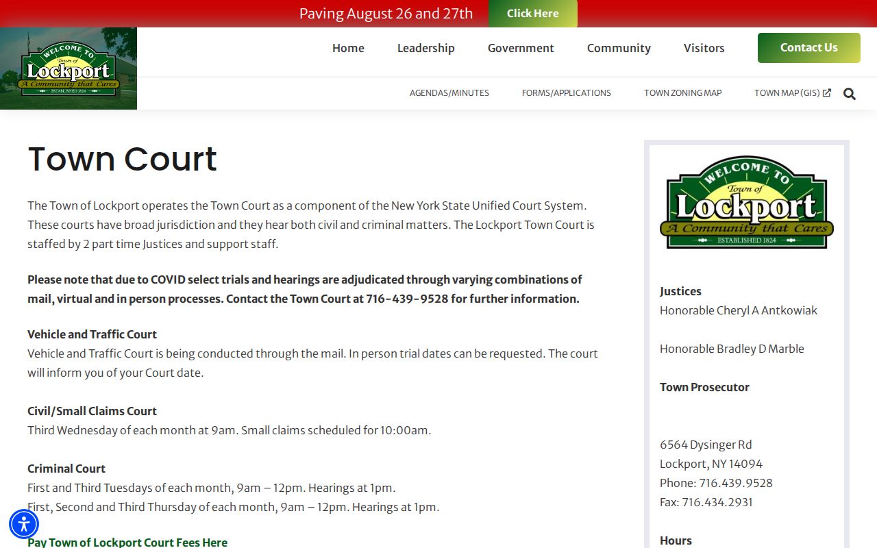Town of Lockport resident lookup through Town Court access